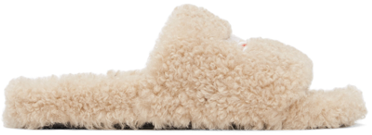 Balenciaga Faux Shearling Embroidered Beige Logo Slides