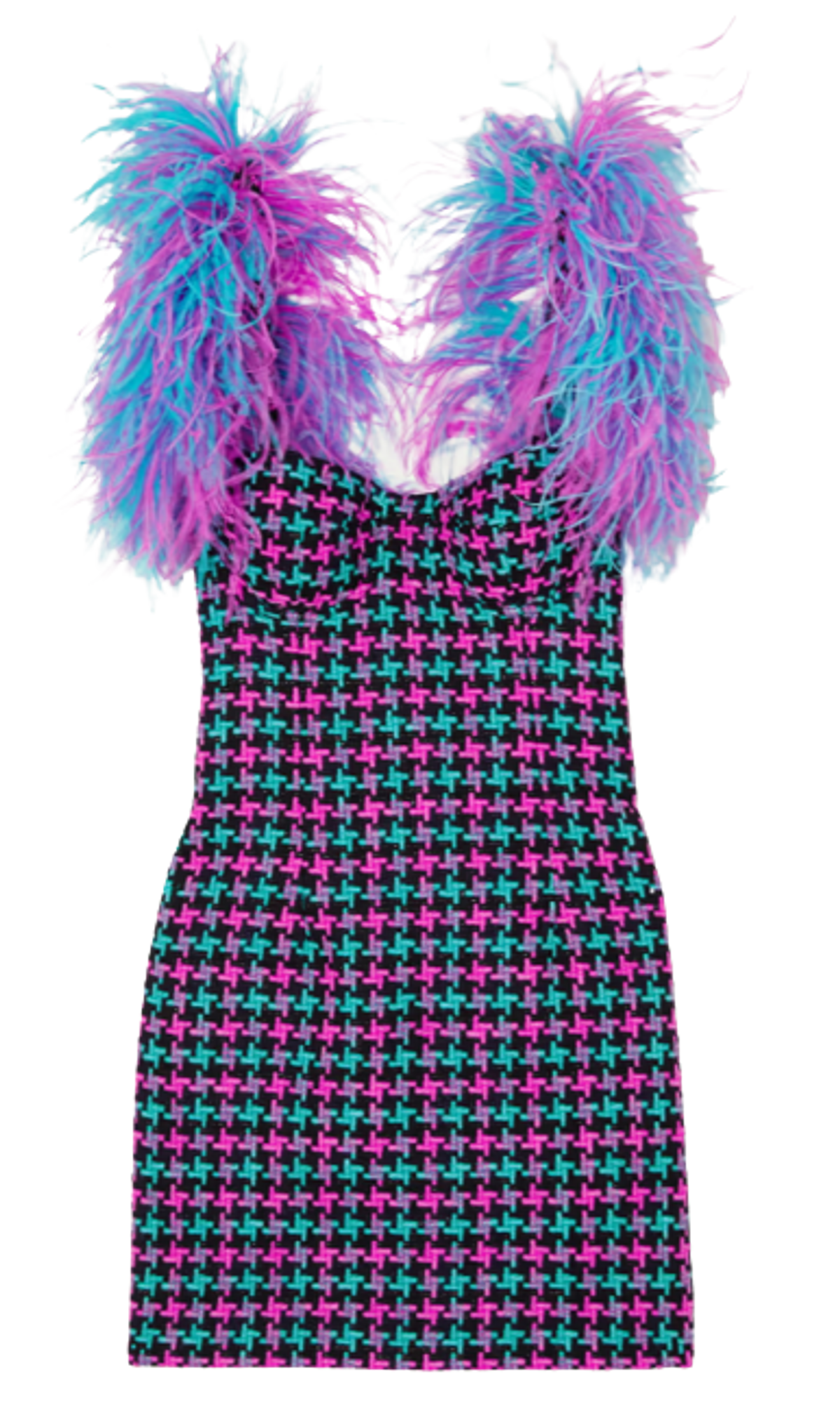 Area Feather Trimmed Houndsooth Wool Cotton Blend Minidress DSress