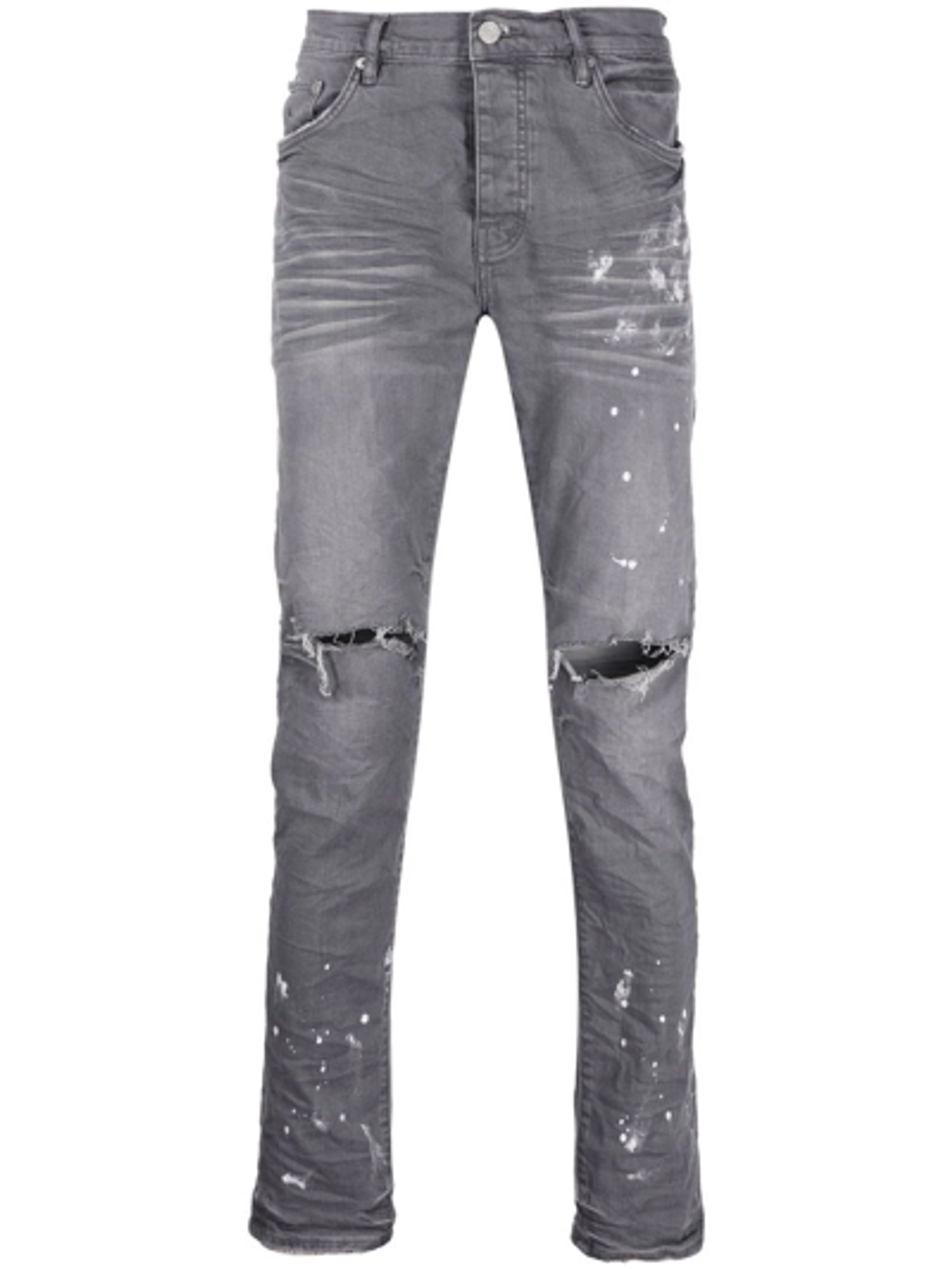 Purple Brand Distressed Paint-splatter Slim Fit Jeans In Blau
