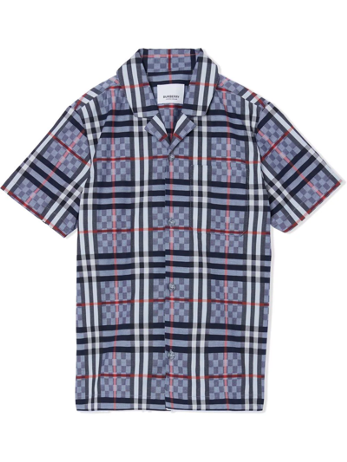 Burberry Kids Short Sleeve Shirt In Stretch Cotton With Chess Pattern In Pale Blue