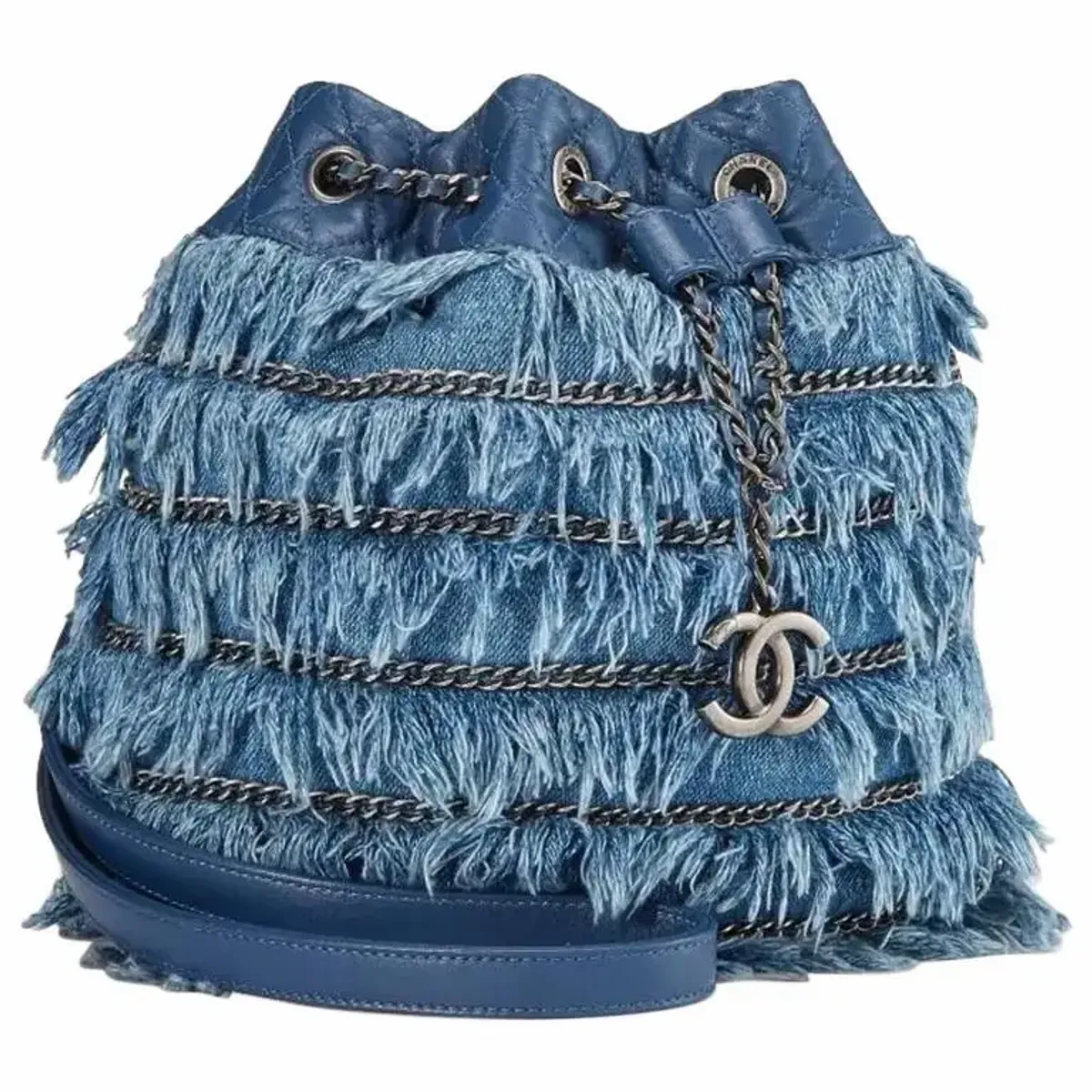 Chanel Drawstring Bucket Cruise 2015 Tweed Fringe & Lambskin Mini Blue Denim Bag