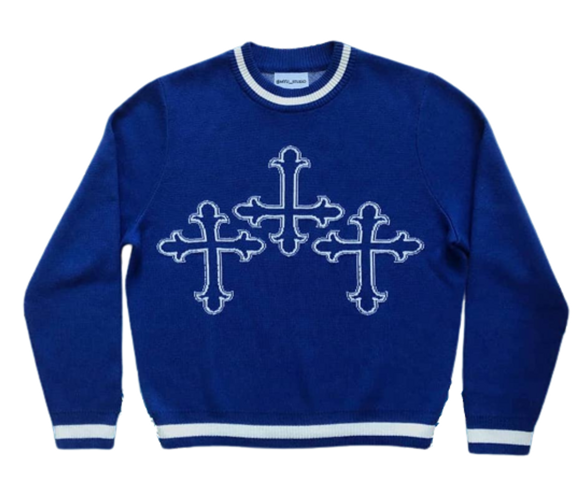 MYU Studio Classic Blue Cross Knit Sweater