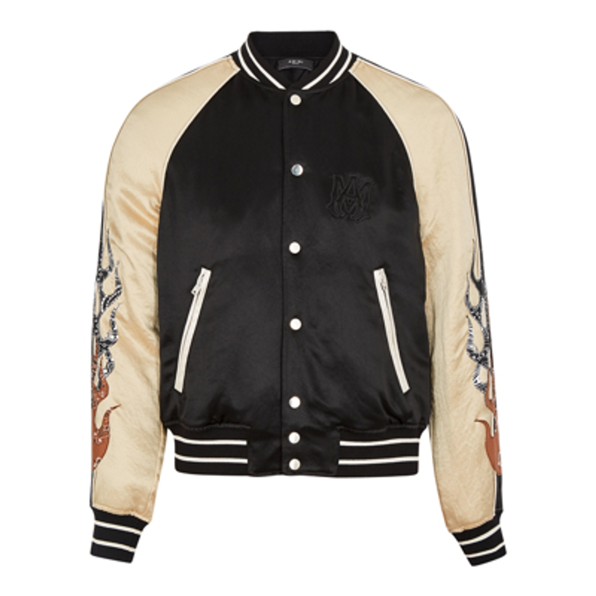 Amiri Flames Souvenir Panelled Satin Bomber Jacket In Black