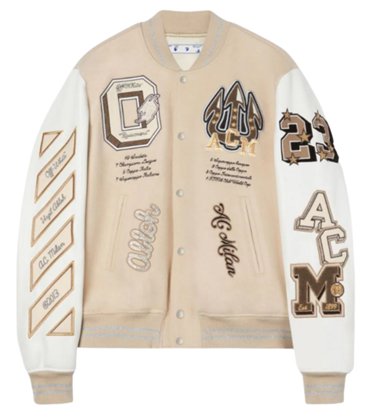 Off White AC Milan Logo Beige Varsity Jacket WHAT S ON THE STAR 