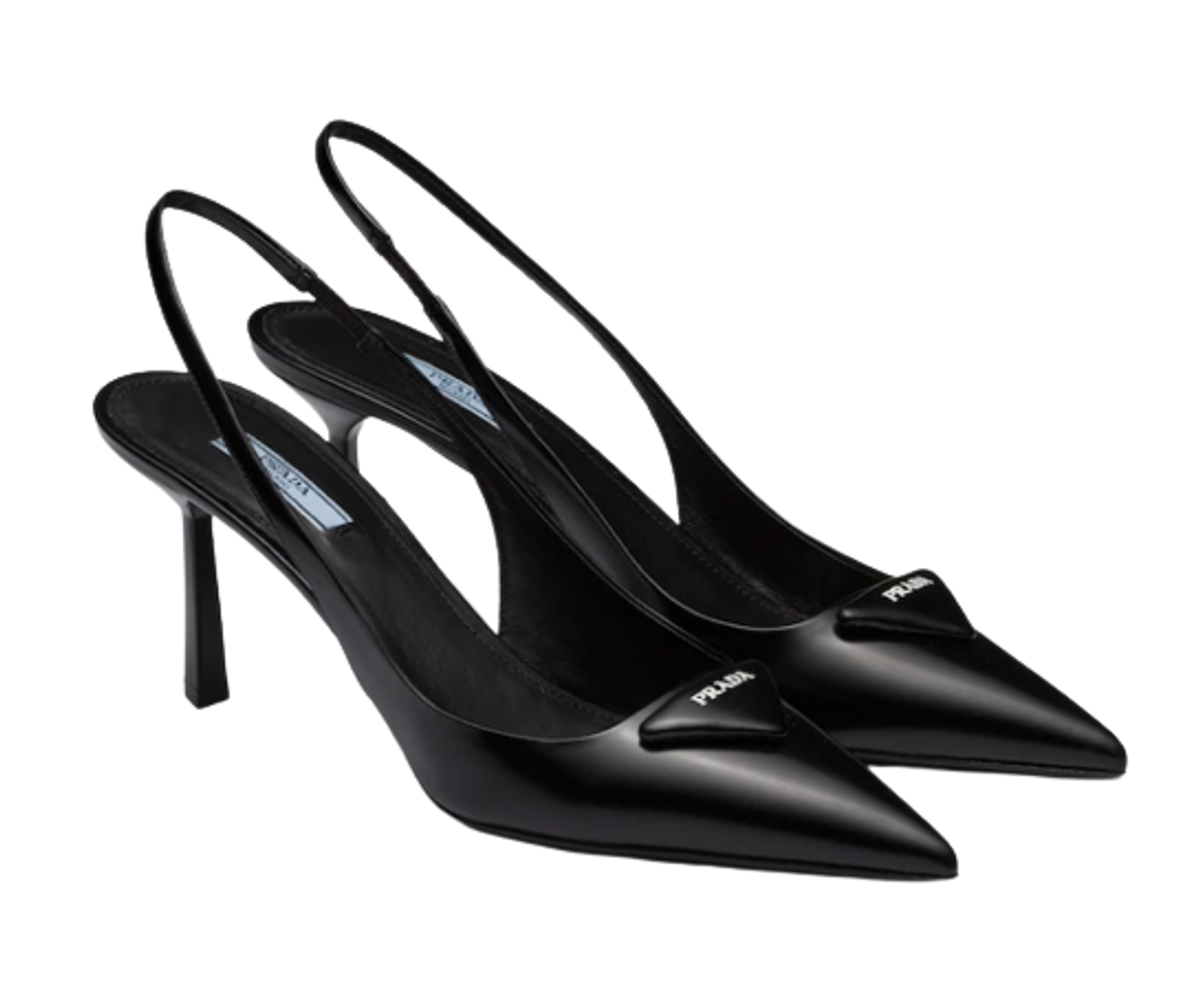 Prada Logo Plaque Black Leather Slingback Pumps