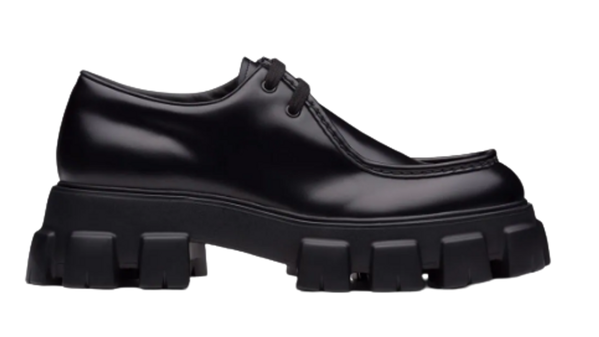 PRADA 25S MONOLITH BOOTS IN DARK BROWN CALFSKIN
