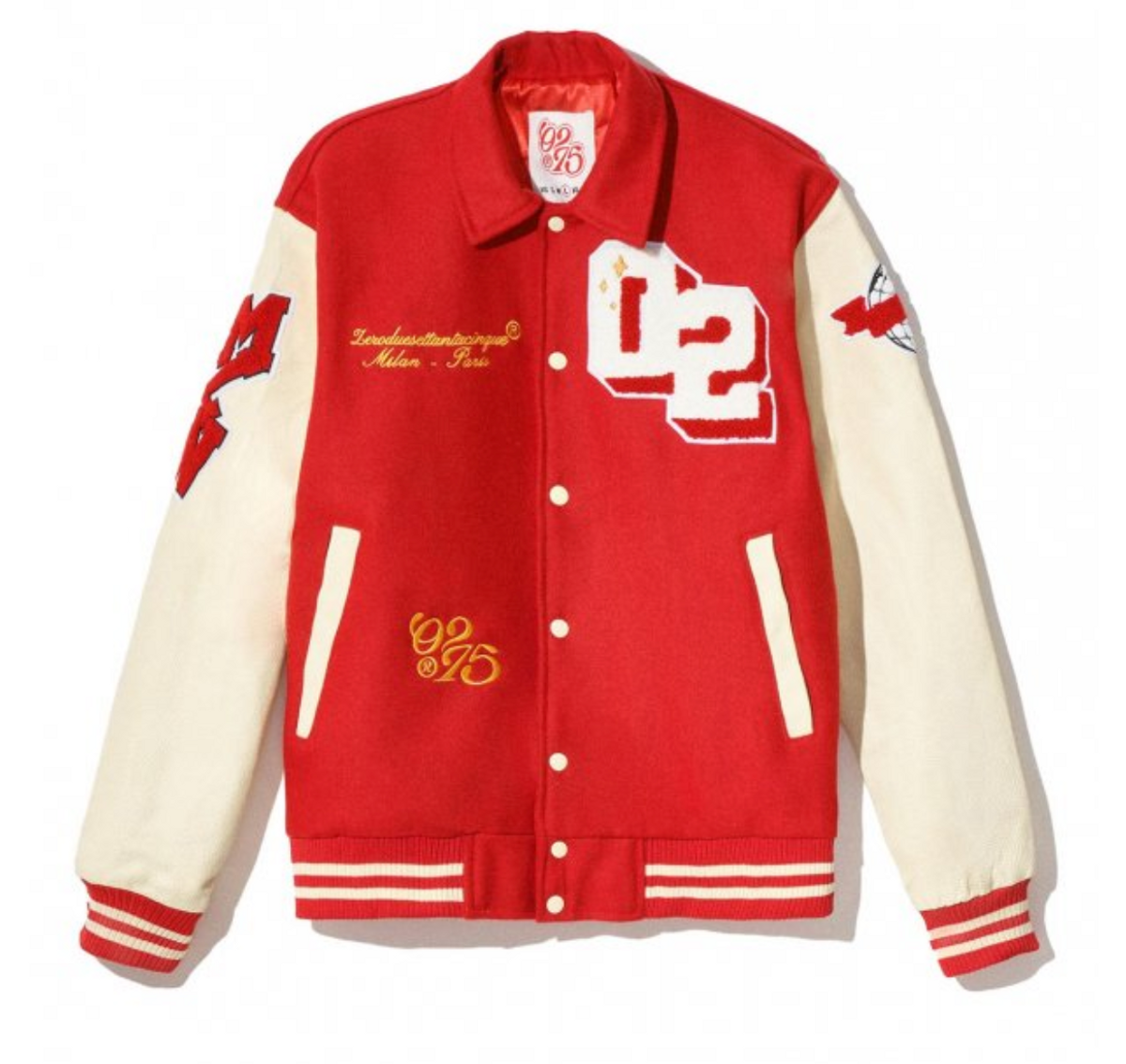 02Settantacinque Cloth And Leather Sleeves With Patch Red College Bomber Jacket