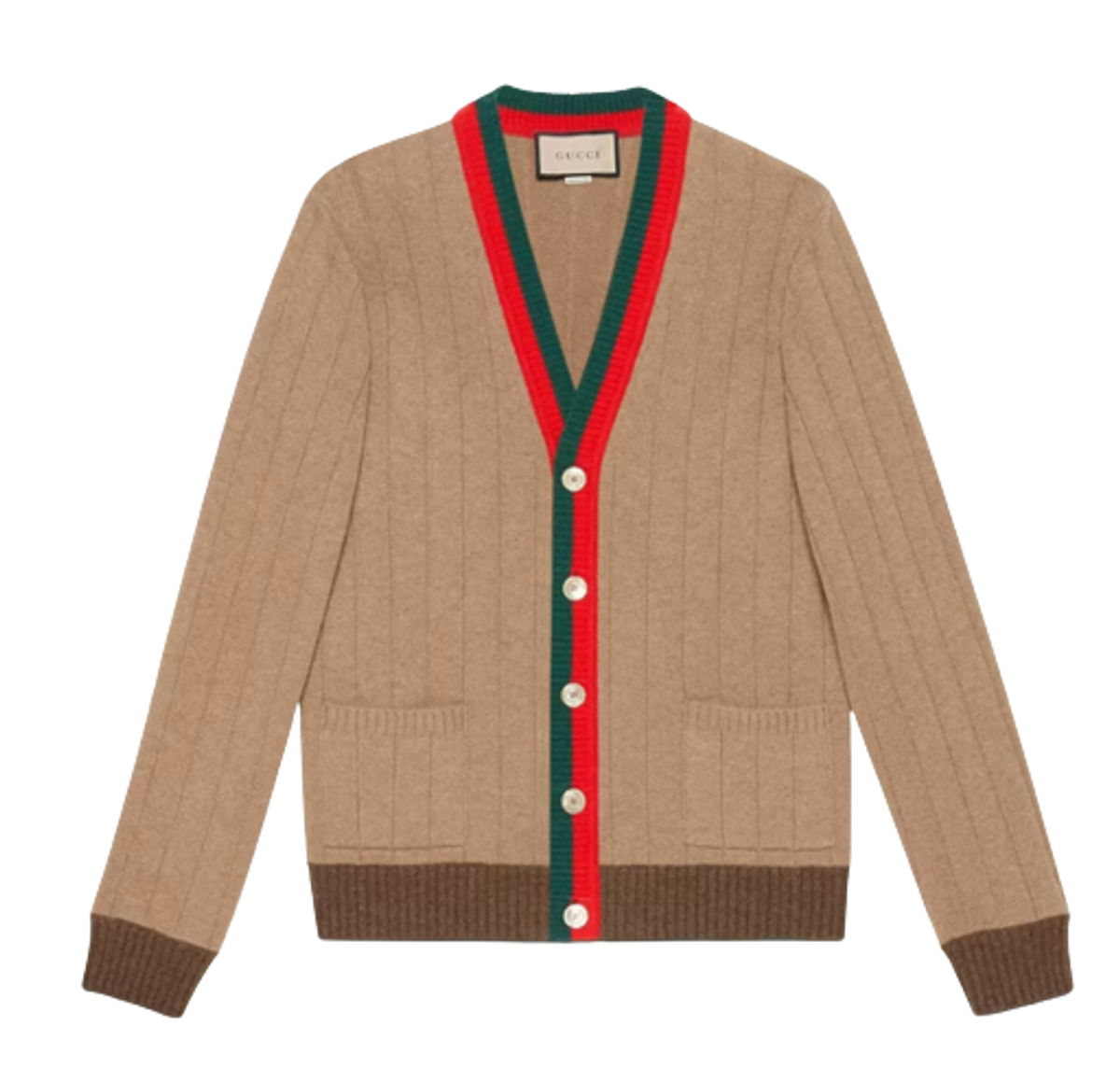 Gucci Stripe Trimmed Ribbed Knit Camel Cardigan