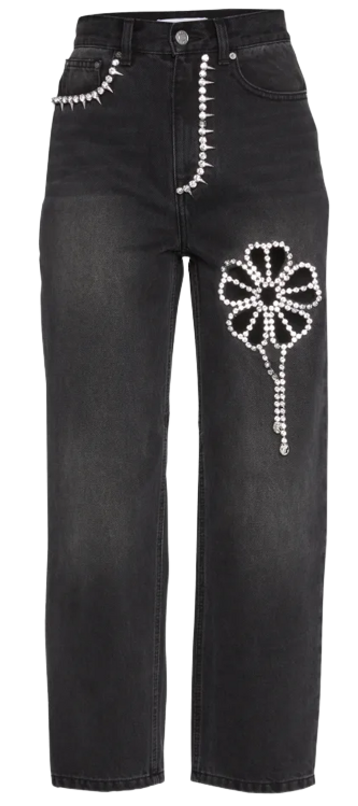 Area Crystal Embellished Flower Cutout Denim Pants
