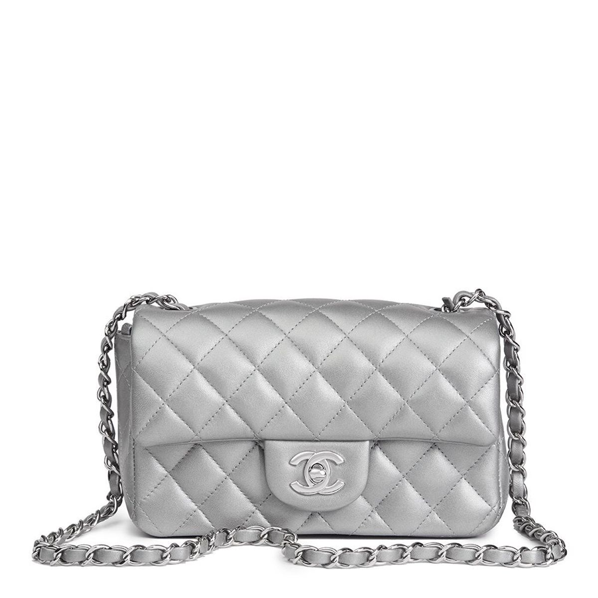 Chanel Rectangular Flap Bag Silver Metallic Lambskin Silver Hardware