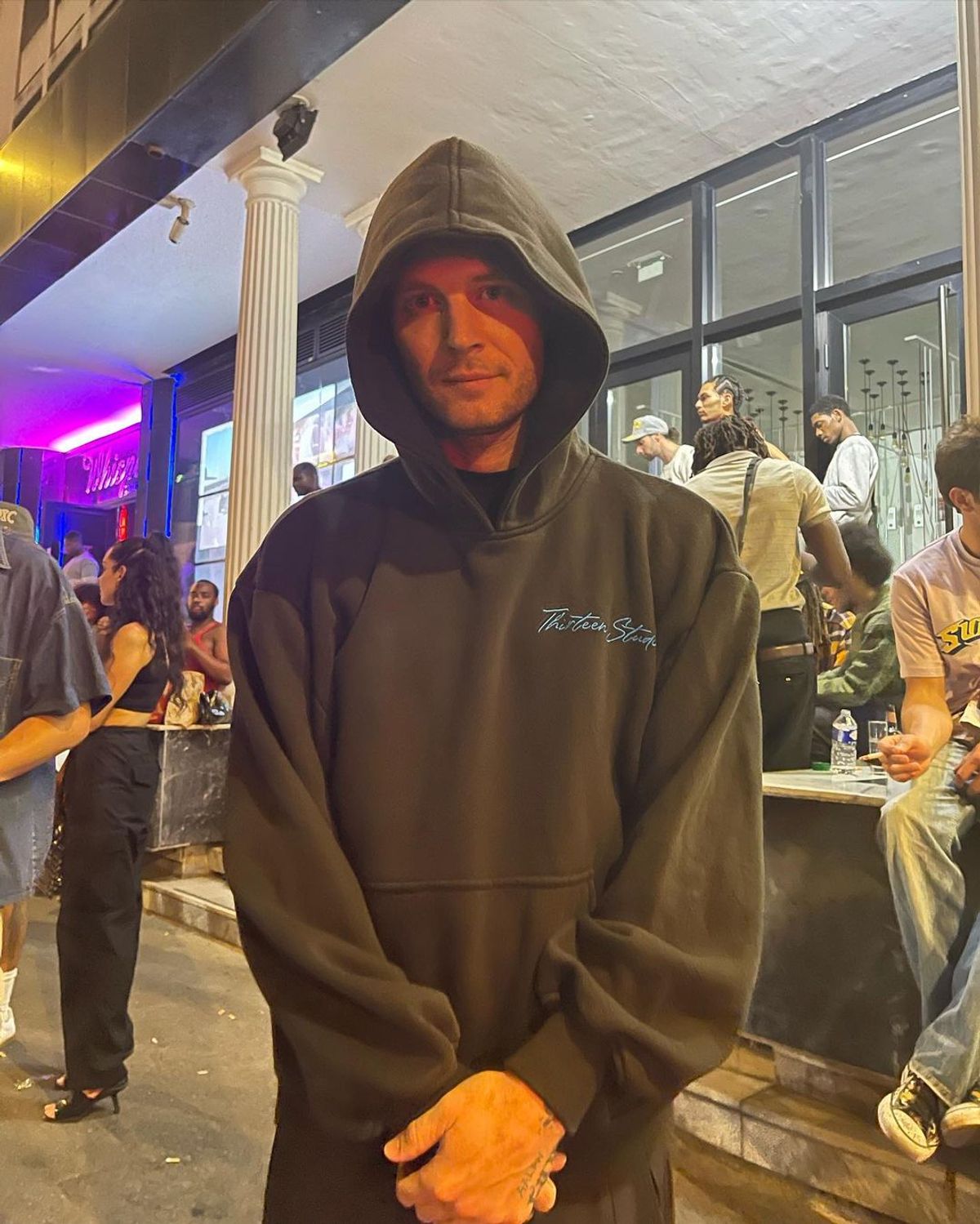 Matthew Williams wearing Virgil Abloh Black Print Logo Hoodie. 