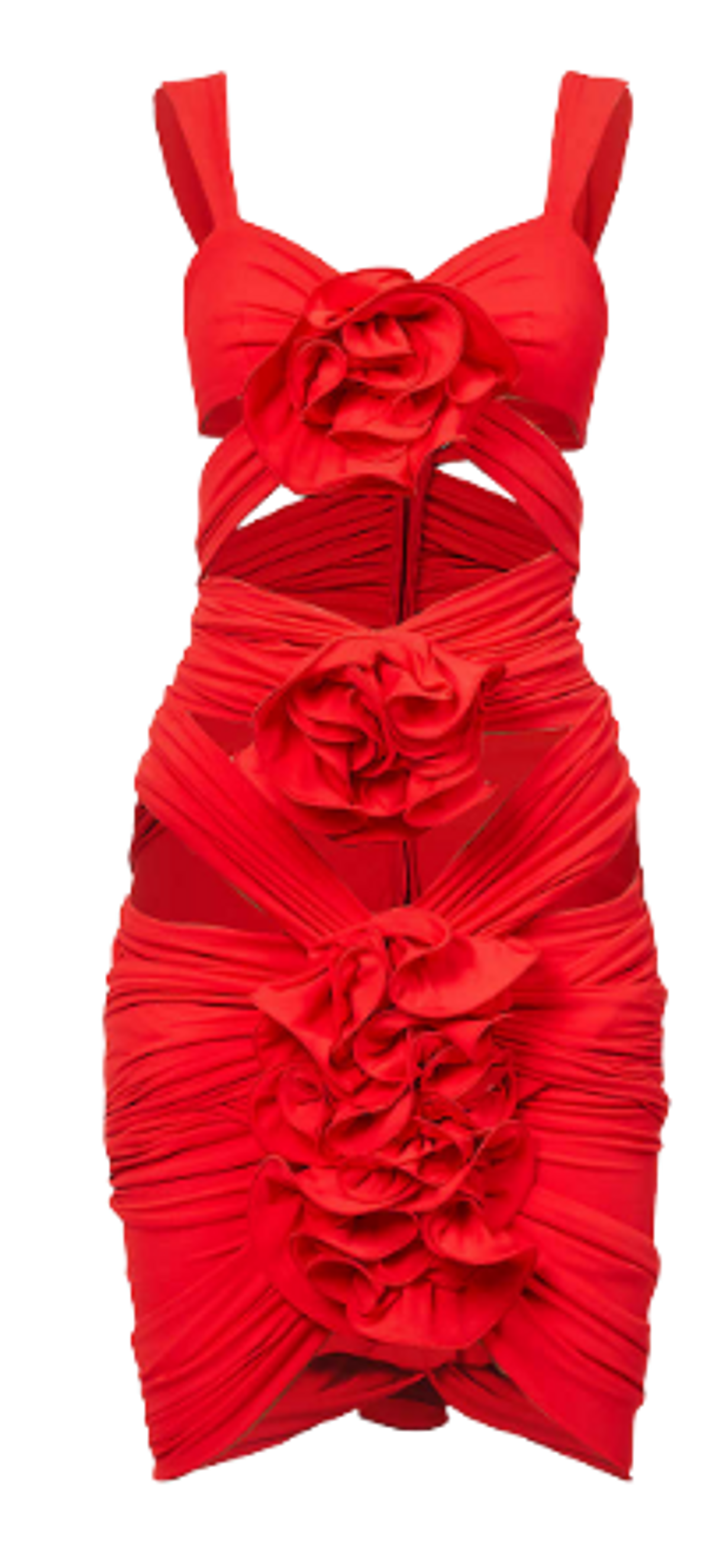 Magda Butrym Ruched Floral Applique Stretch Crepe Red Mini Dress