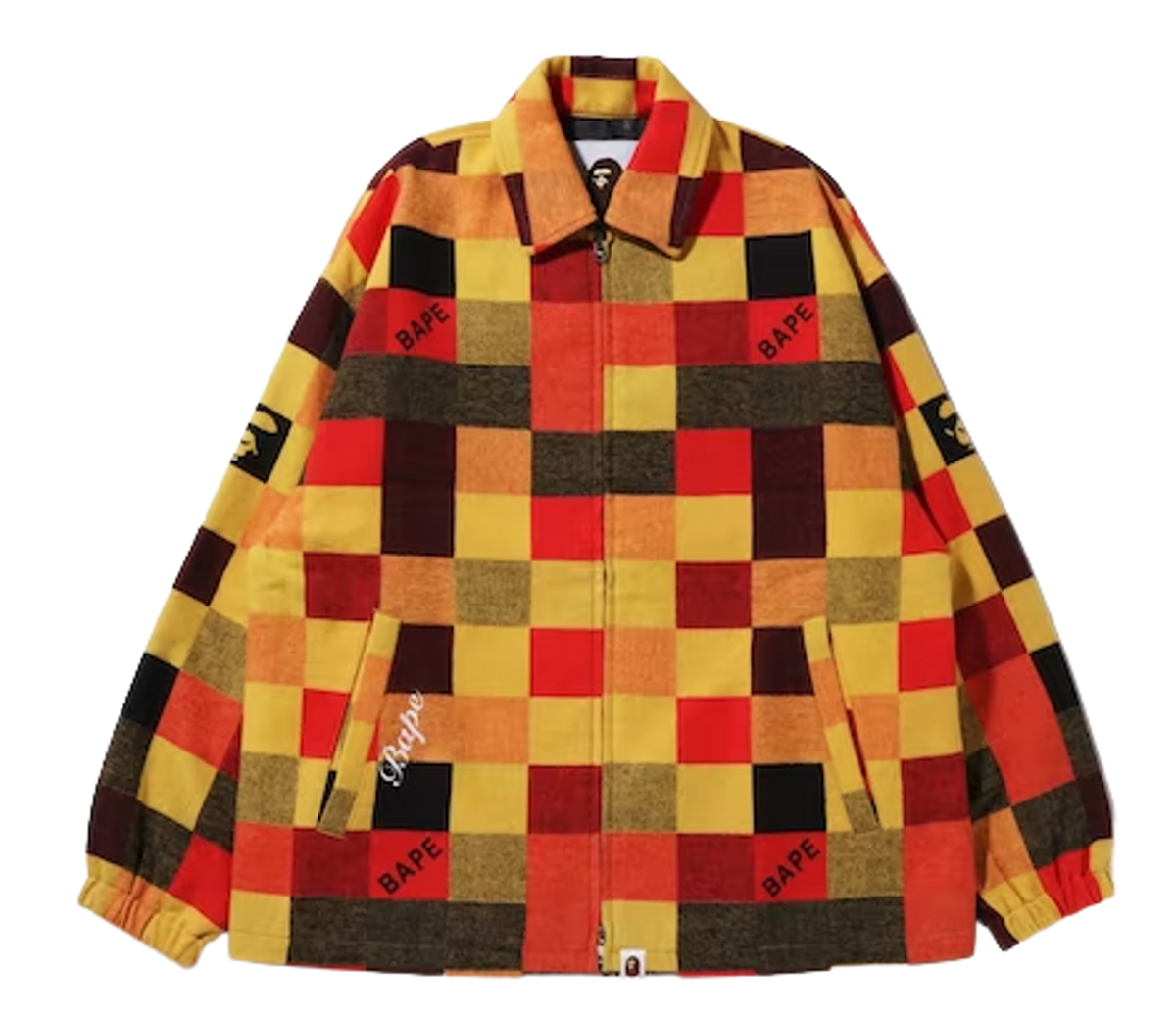 Bape Patched Red Orange Block Check Zip Jacket