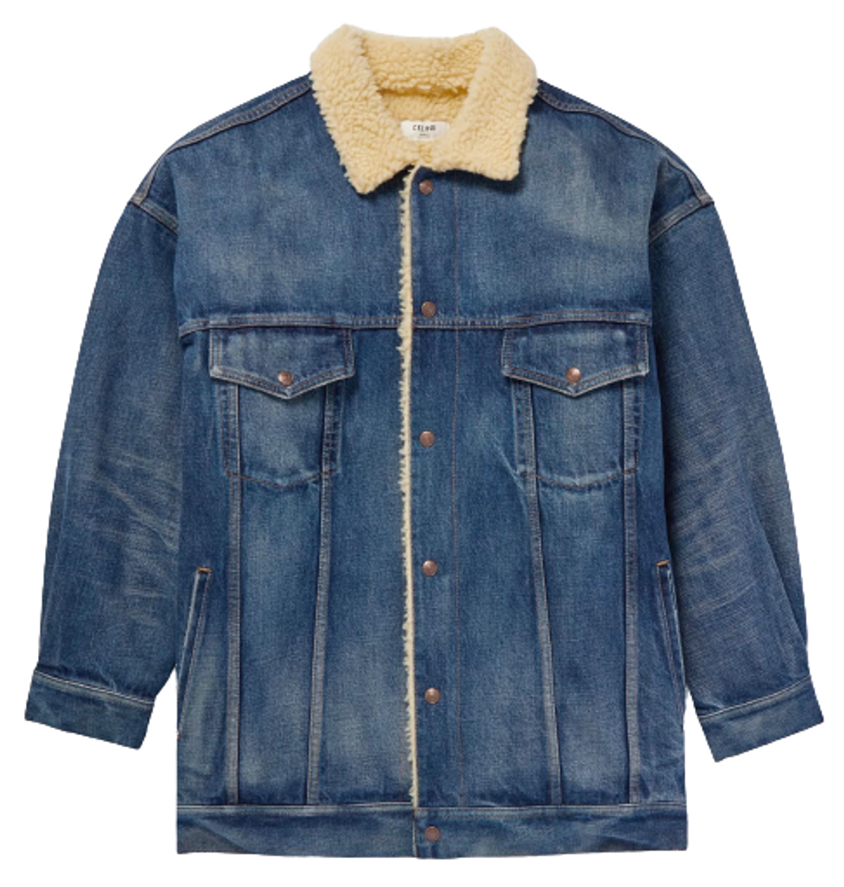 Celine Oversized Embellished Fringed Shearling-Lined Denim Jacket
