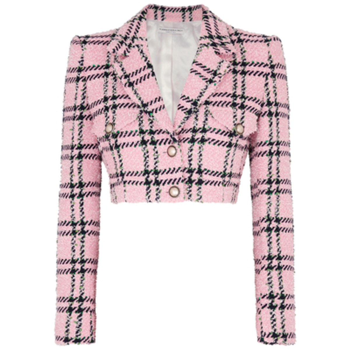 Alessandra Rich Cropped Embellished Checked Wool-Blend Tweed Pink Blazer