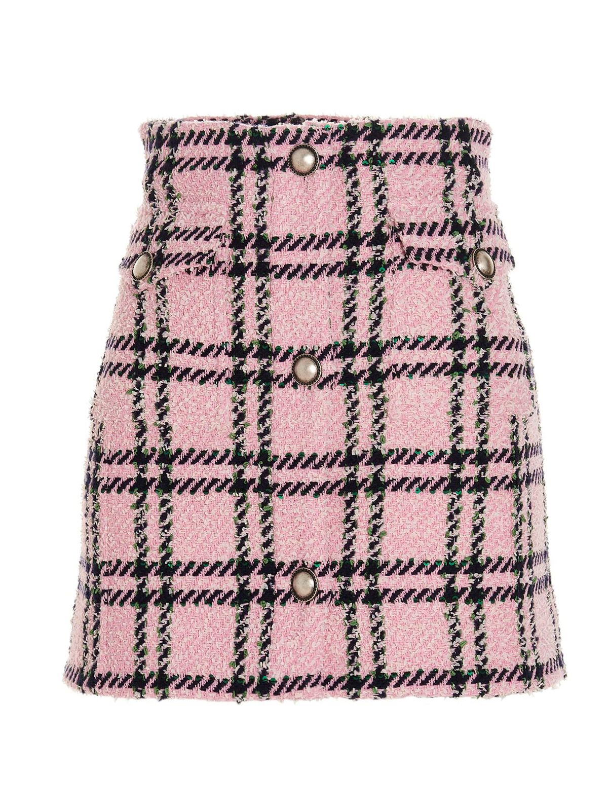 Alessandra Rich Embellished Checked Wool-Blend Tweed Pink Mini Skirt