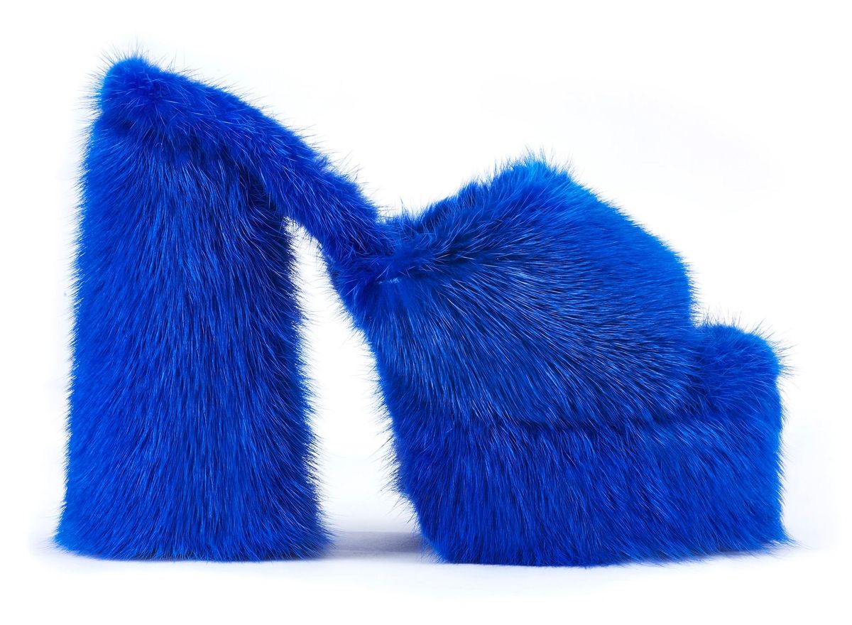 Jennifer Le Stack It Up Blue Handcrafted Mink Platform Sandals