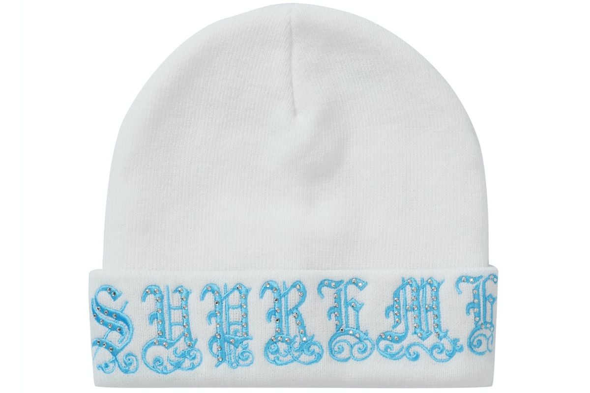 Supreme Old English Rhinestone White Beanie Hat