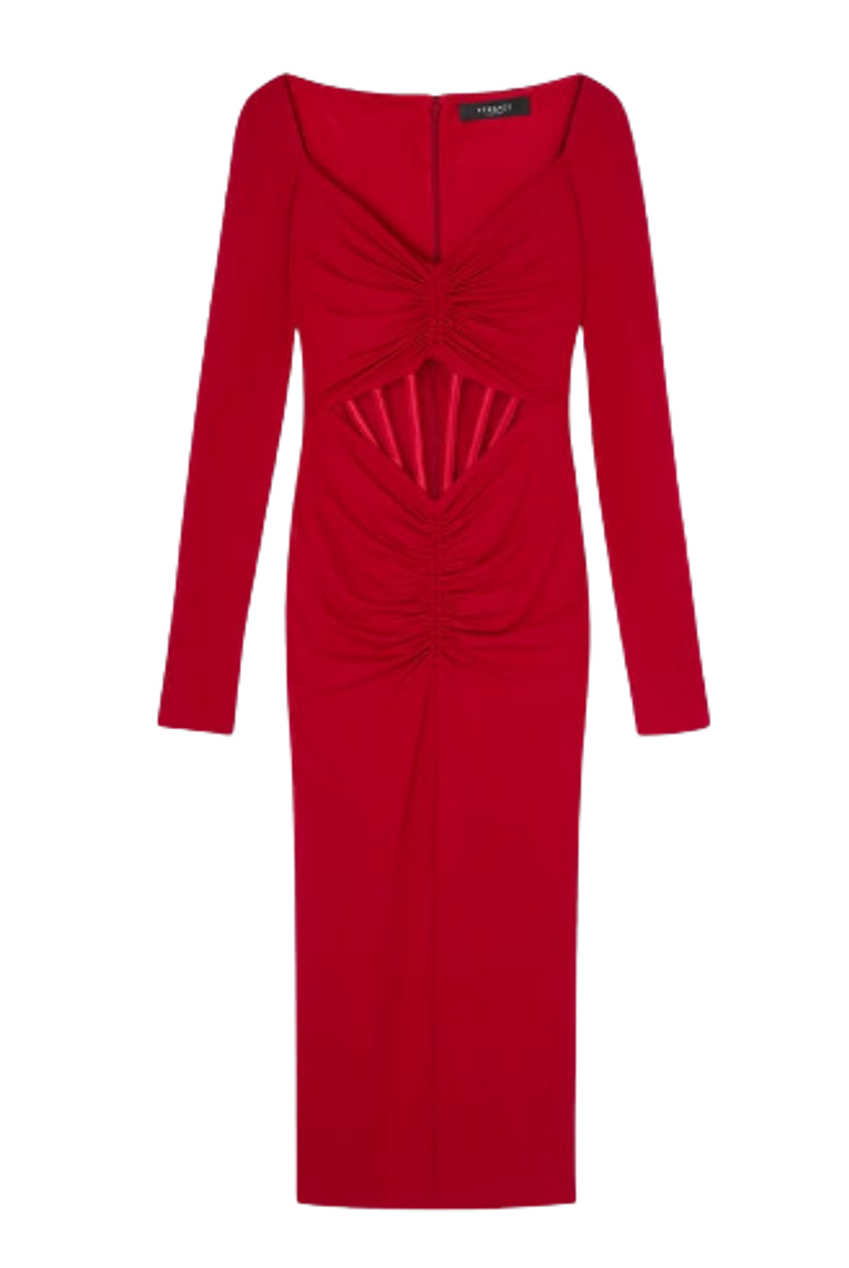 Versace Corset Cutout Ruched Long Sleeve Jersey Red Midi Dress