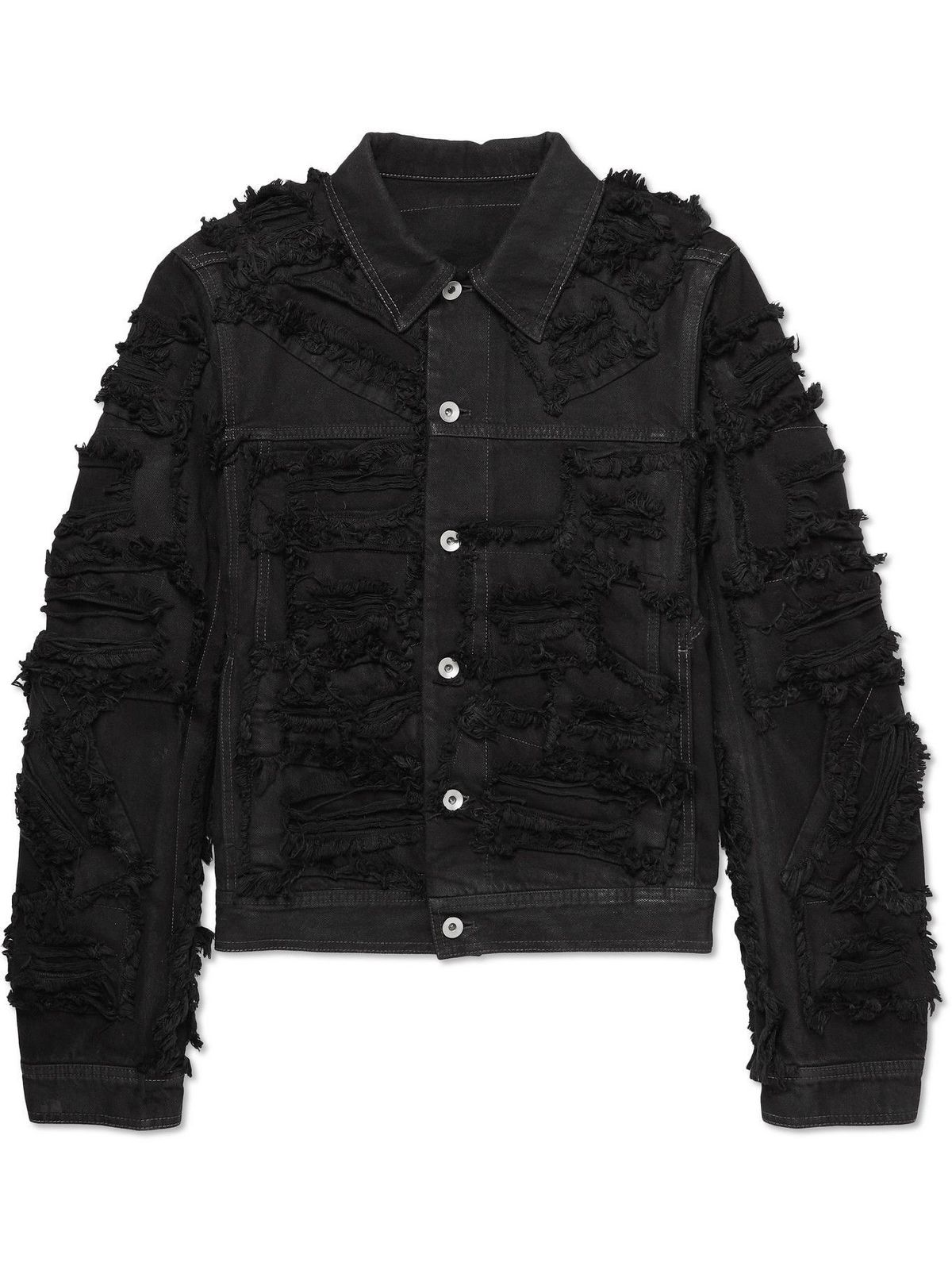 Rick Owens Slim-fit Frayed Distressed Denim Jacket In Black