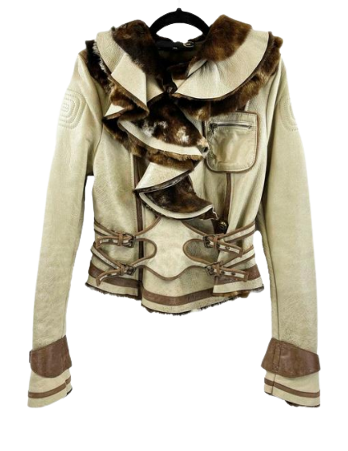 Roberto Cavalli Beige Brown Leather Ruffle Harness Coat