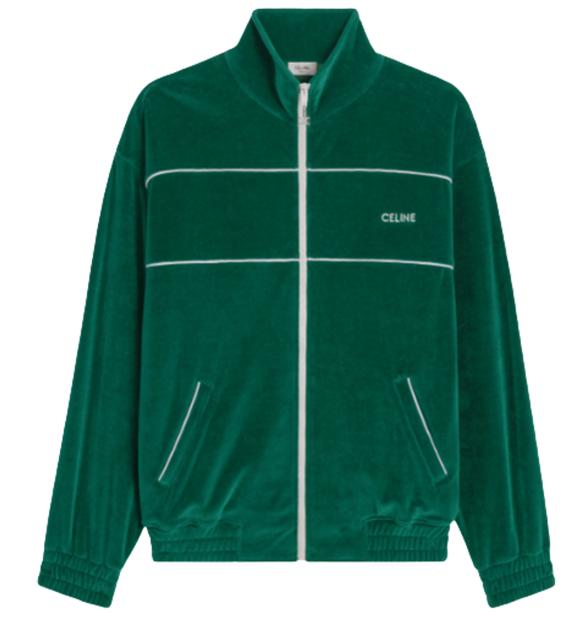 Celine Logo Embroidered Cotton Blend Velour Green Track Jacket