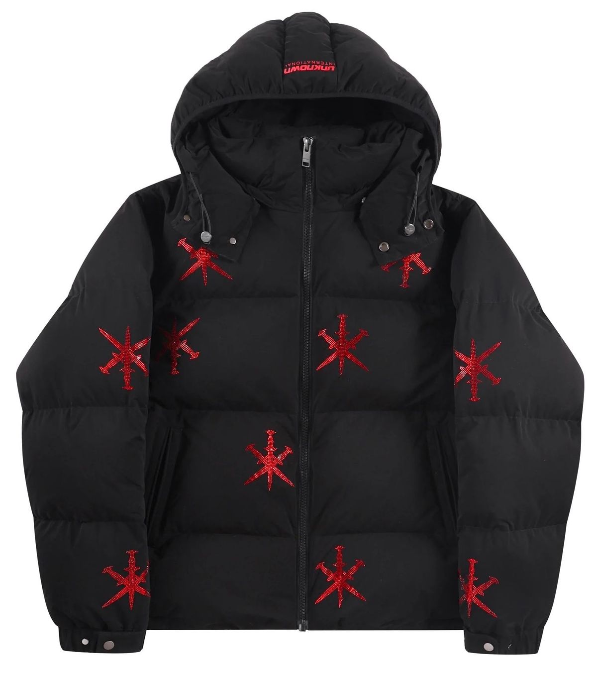 Unknown London Black/Red Rhinestone Puffer Jacket