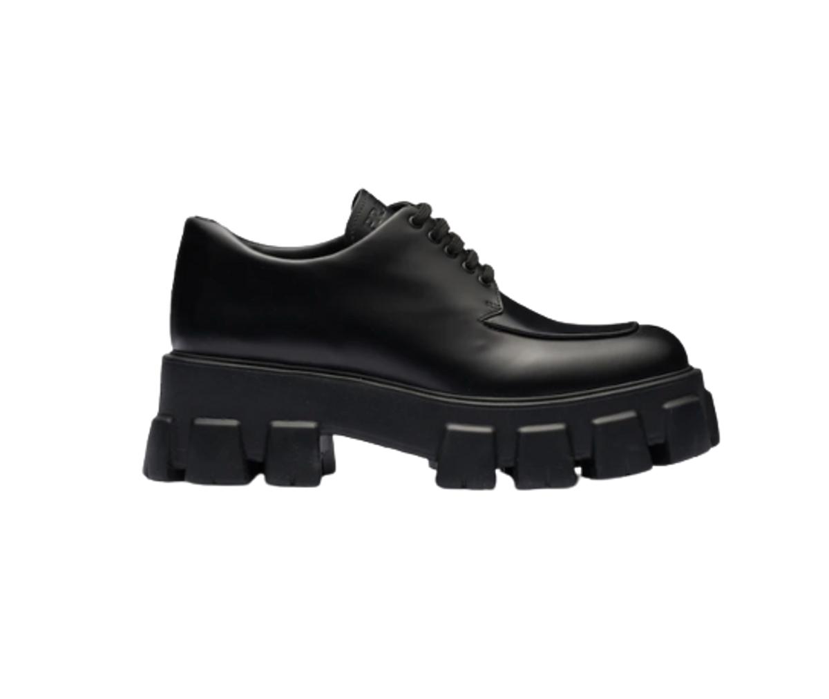 Prada Monolith Pointy Brushed Leather Lace-up Shoes In Black