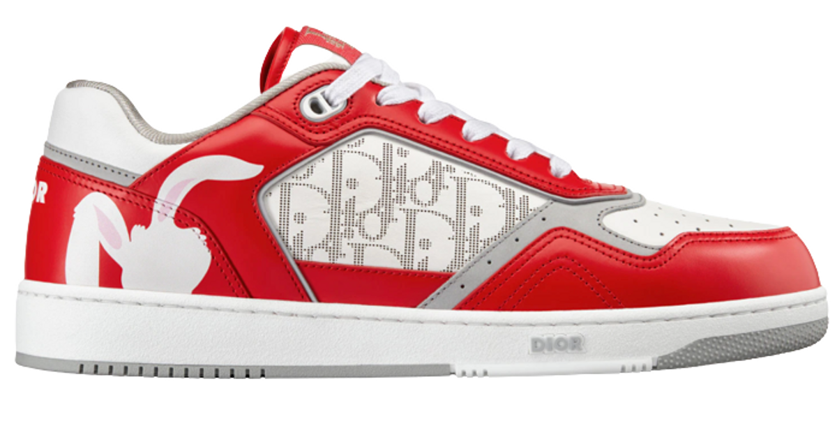 Dior × ERL B27 Red and White Smooth Calfskin and White Dior Oblique Galaxy Leather with Rabbit Motif Low-Top Sneakers