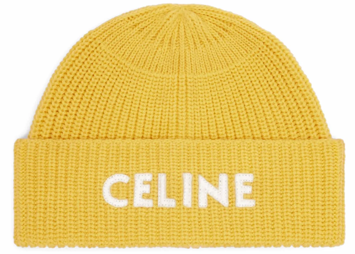 Celine Embroidered Knit Wool Yellow Beanie Hat