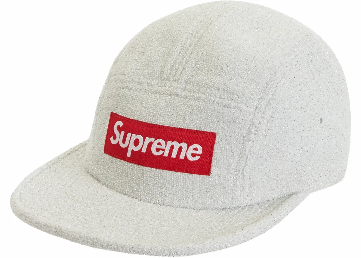 Supreme Logo Glitter Terry Camp White Cap