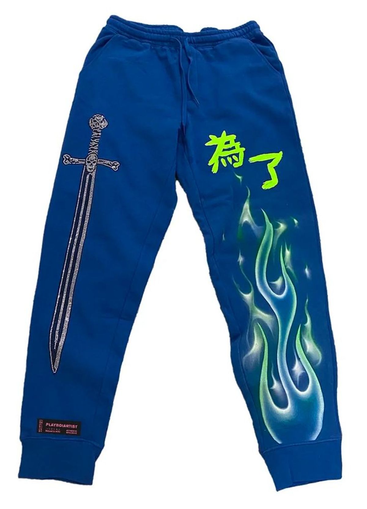 Playboi Artist Airbrushed Flames Rhinestone Sword Blue Sweatpants