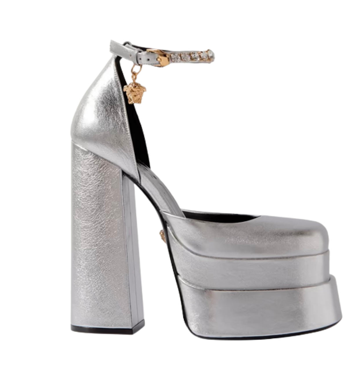 Versace Medusa Embellished Metallic Leather Pumps