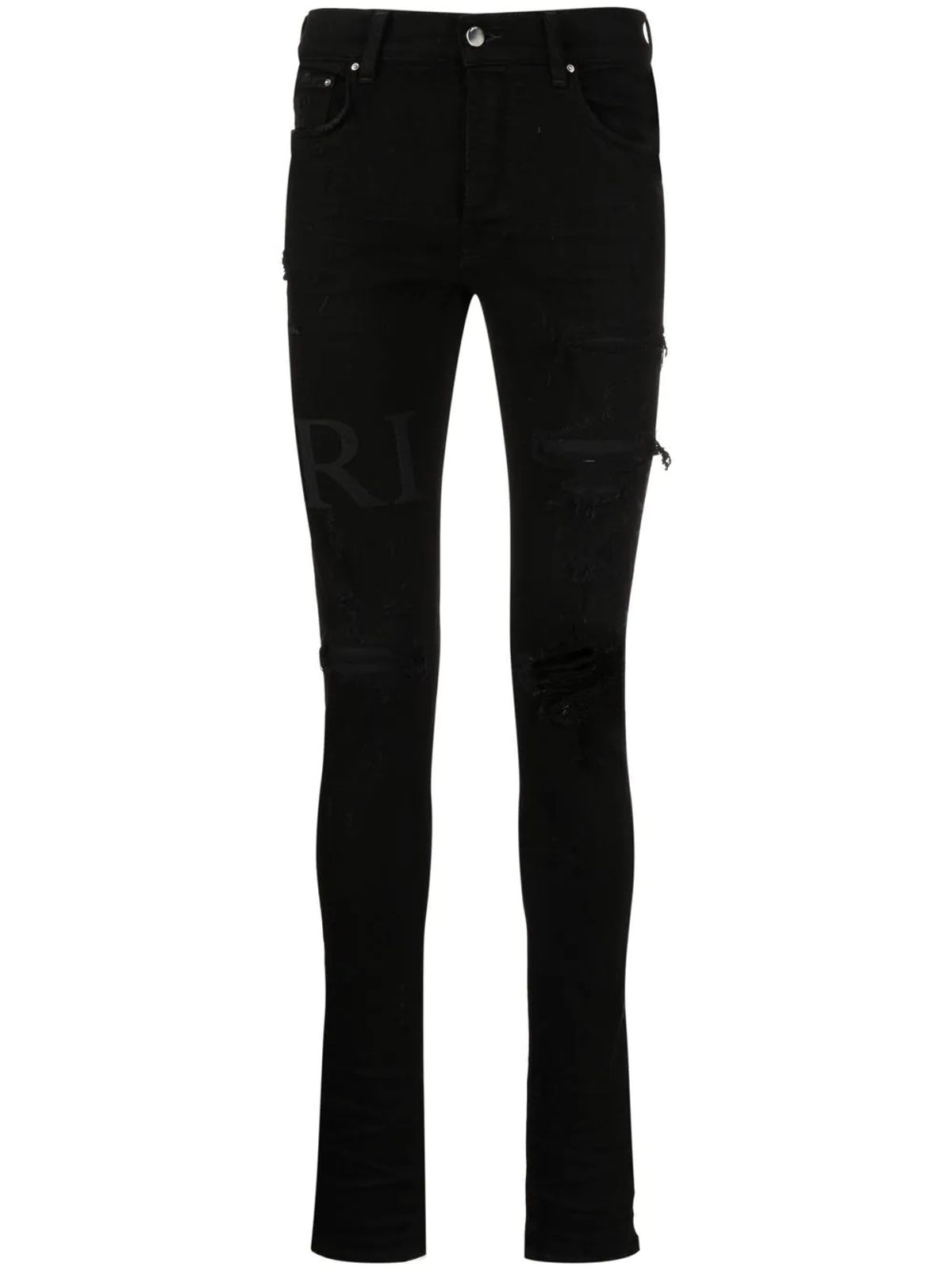 Amiri Black Ripped-Knee Logo-Print Skinny Jeans