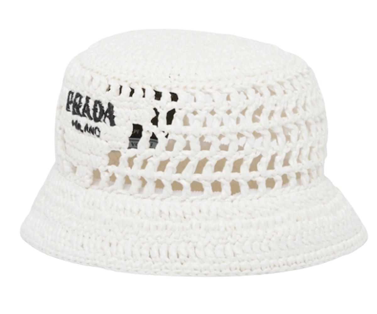 Prada Woven Logo Perforated White Bucket Hat WHAT’S ON THE STAR?