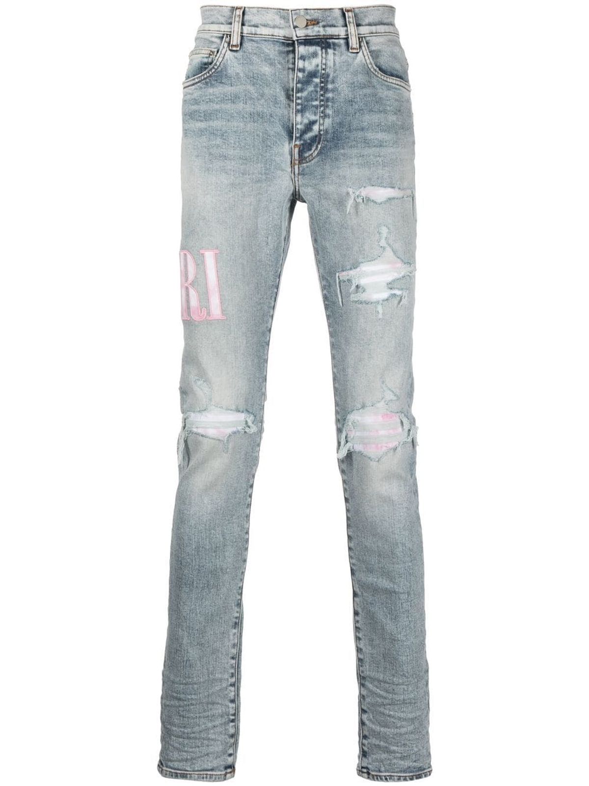 Amiri Tie Dye Core Logo Embroidered Distressed Slim Cut Jeans