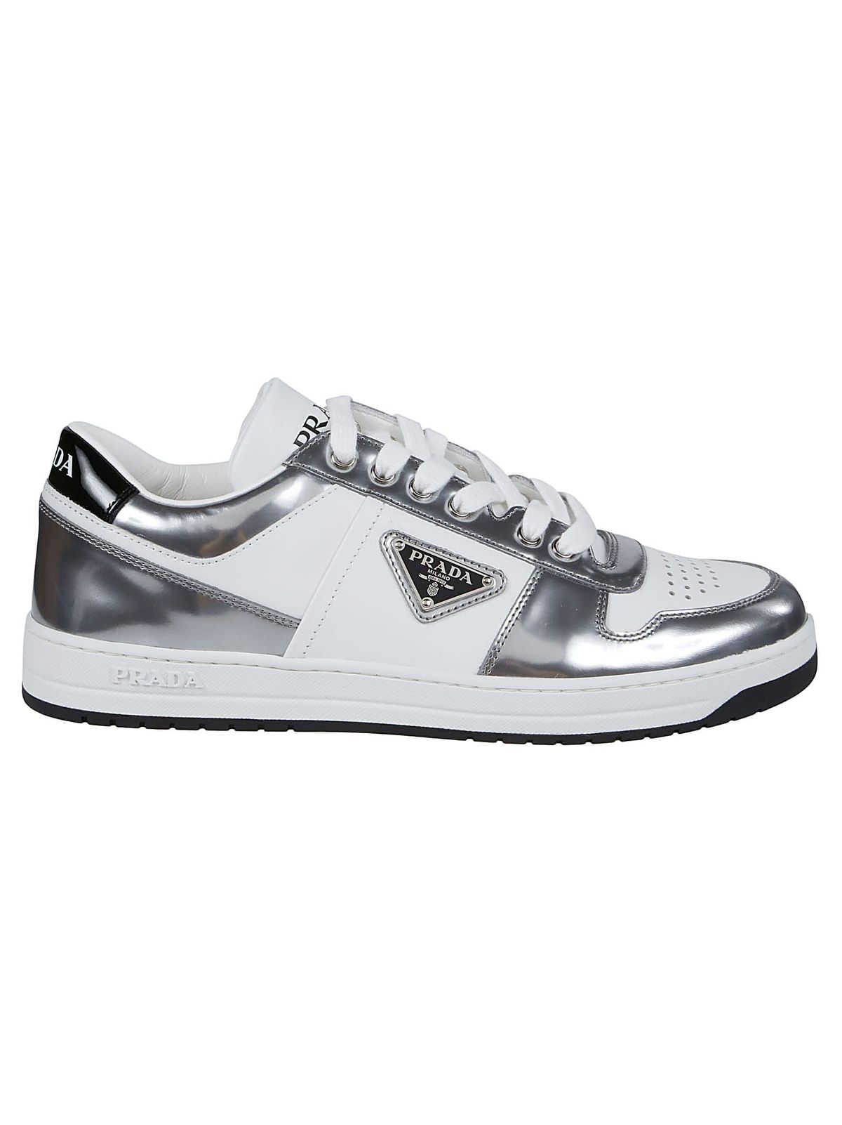 Prada White And Silver Downtown Leather Sneakers