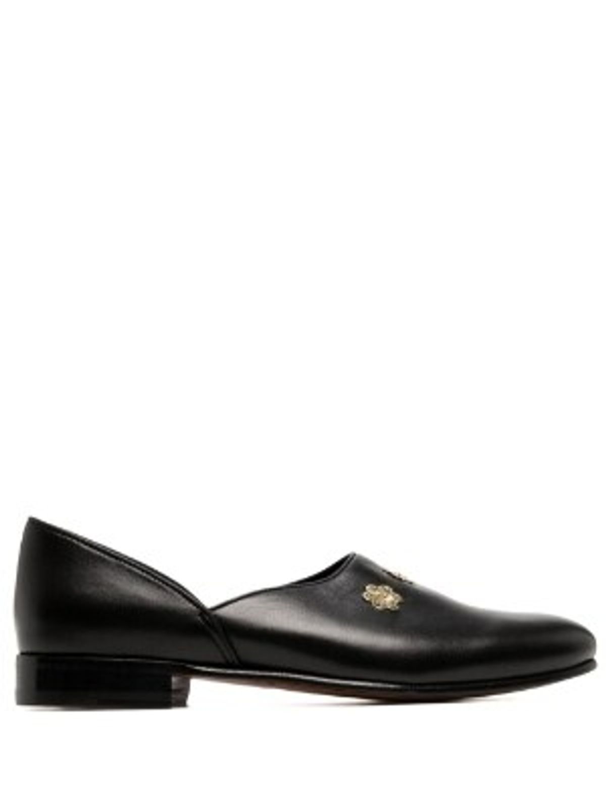 Bode Floral-plaque Leather Slippers In Black Gold
