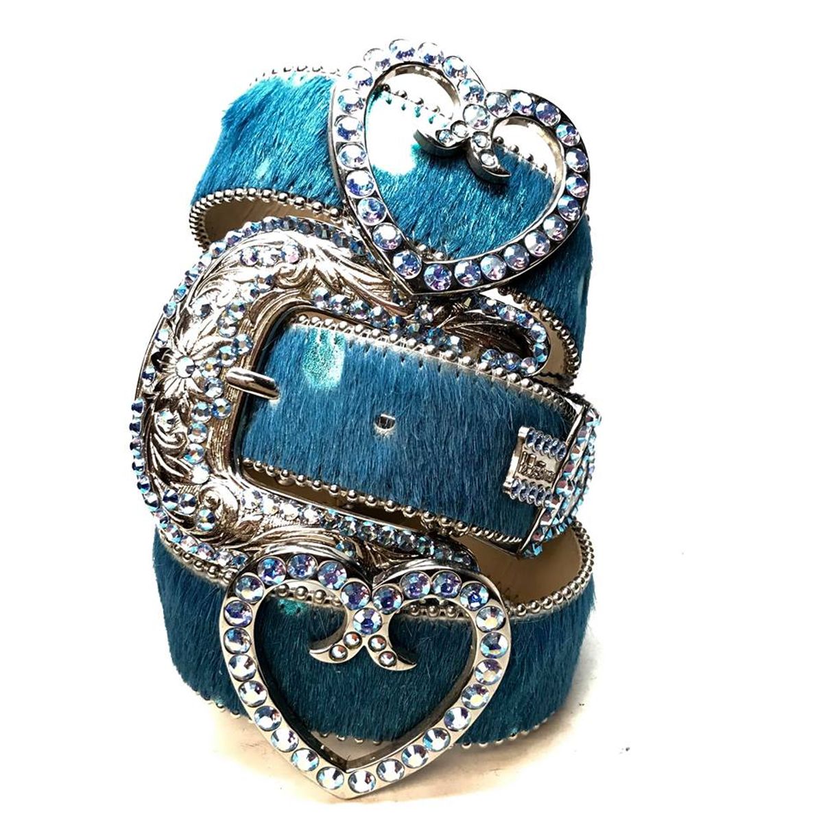 B.B. Simon Blue Heart Pony Hair Crystal Belt