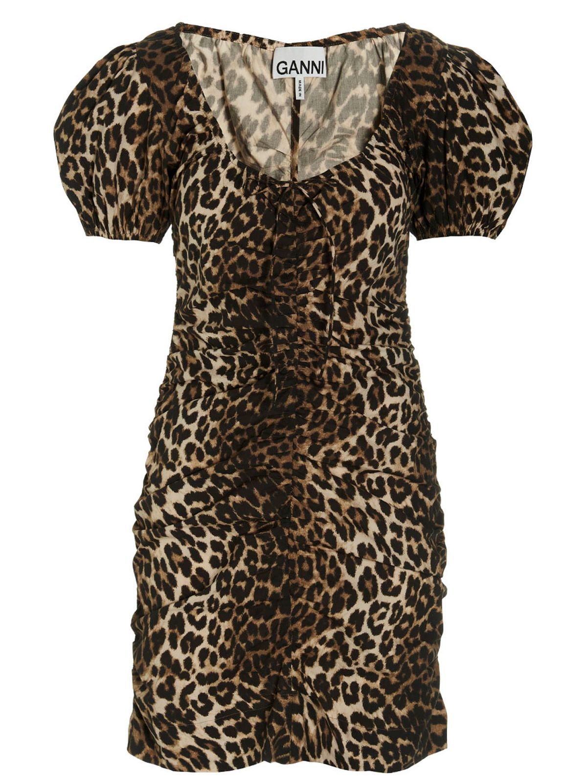 Ganni Leopard Print Ruched Detail Bodycon Mini Dress