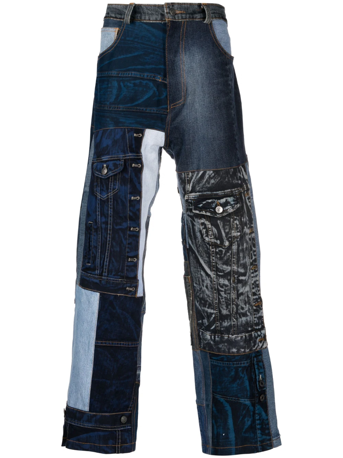 AGR Knit Blue Patchwork-Design Straight-Leg Jeans