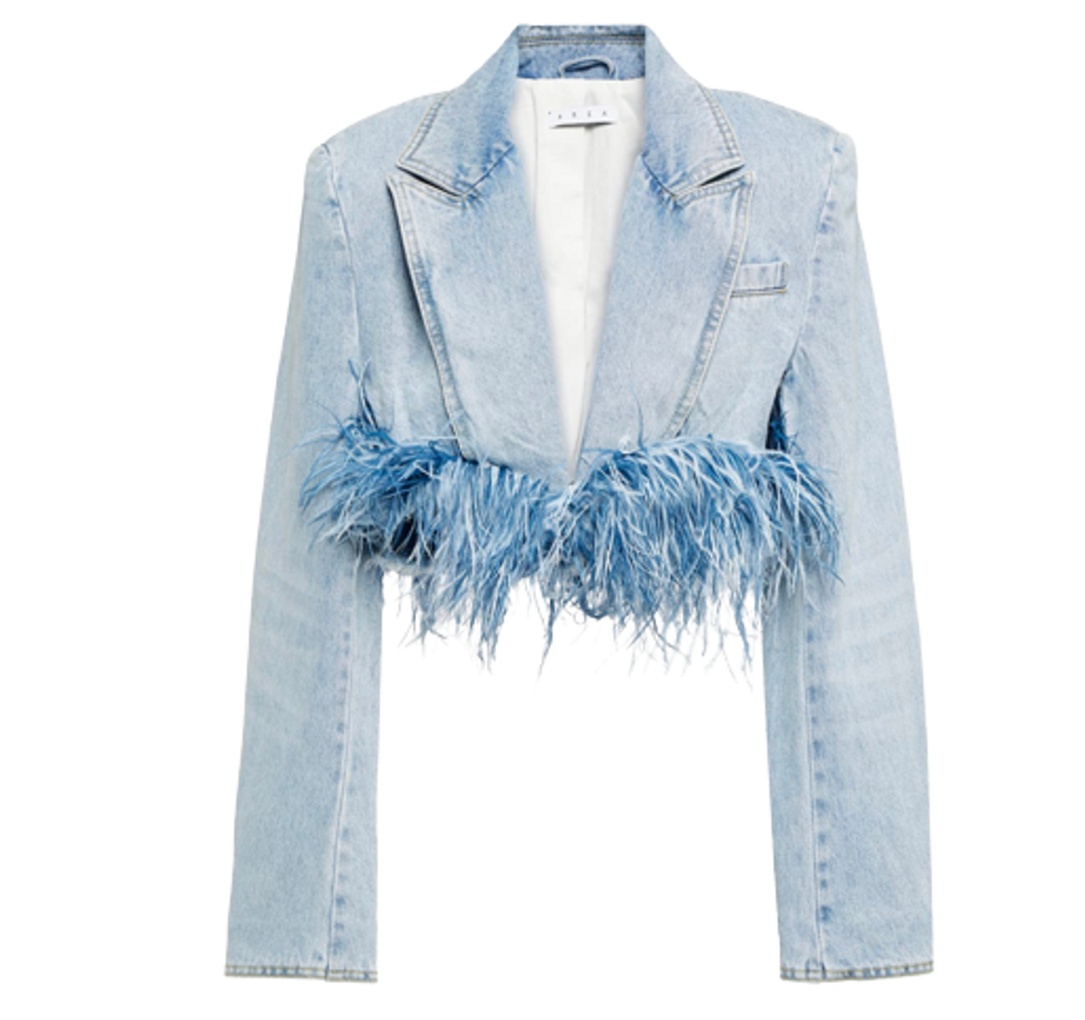 Area Frayed Denim Feather Trim Cropped Blazer