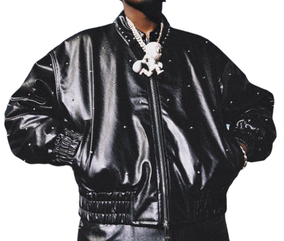BooHooMan × Lil Tjay Merch Black Boxy Studded Pu Collared Bomber