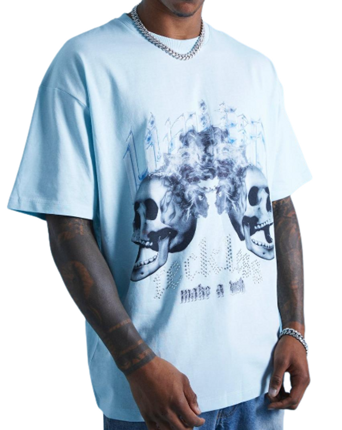 BooHooMan × Lil Tjay Merch Light Blue Oversized Skull Graphic T-Shirt