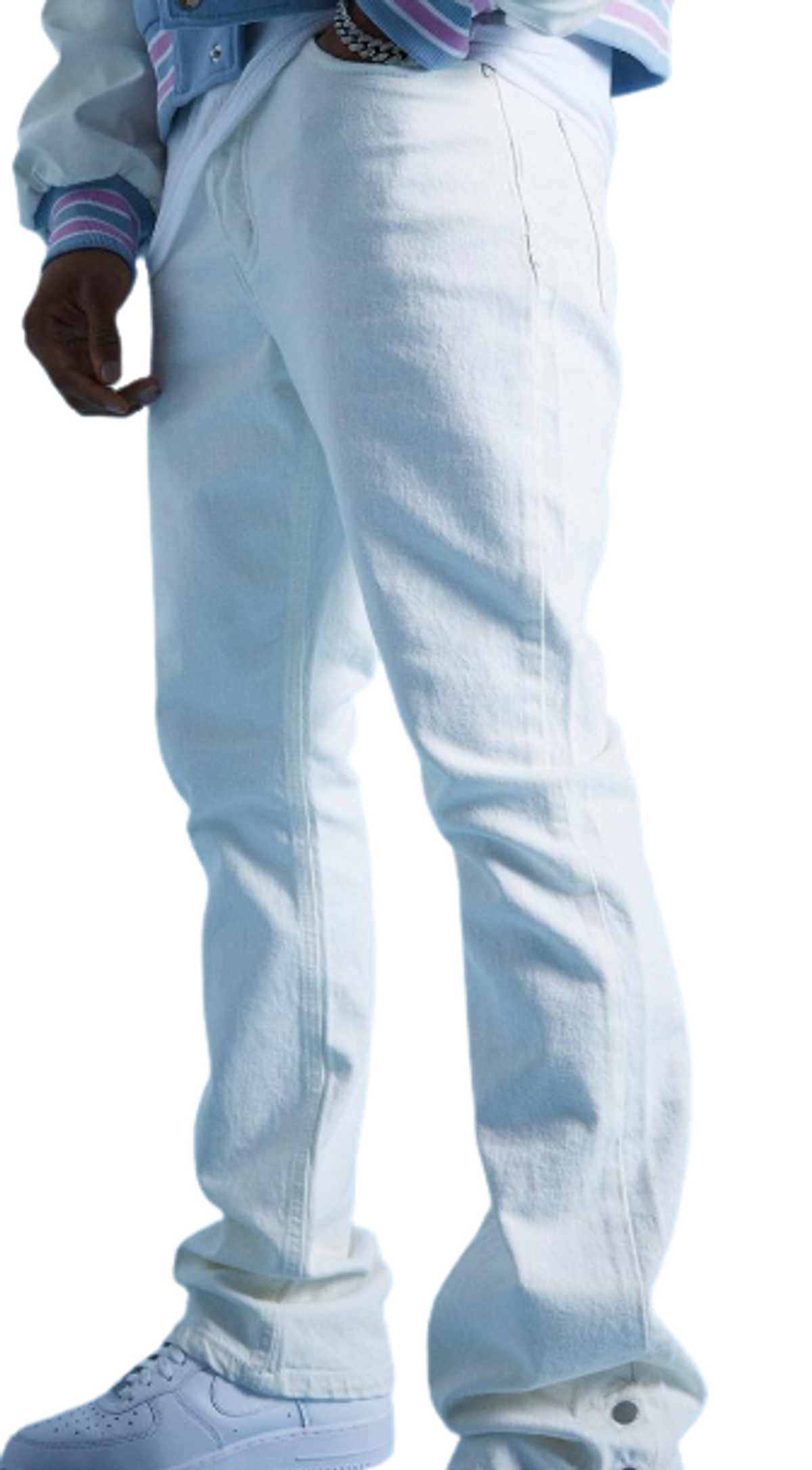 BooHooMan × Lil Tjay Merch Ecru Slim Rigid Flare Popper Hem Jeans