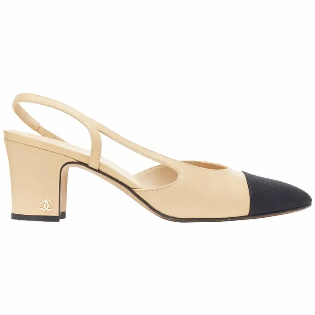 Chanel Nude Leather Grosgrain CC Heel Slingback