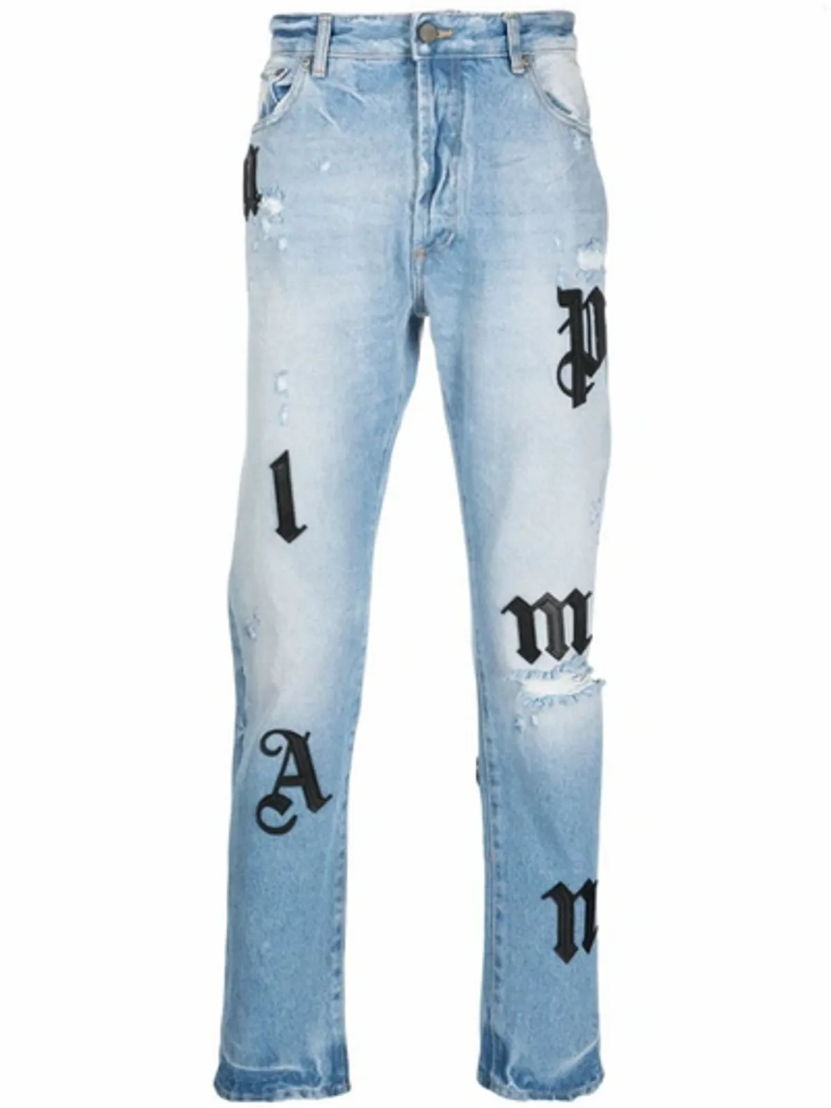 Palm Angels Blue Logo-Patches Straight-Leg Jeans