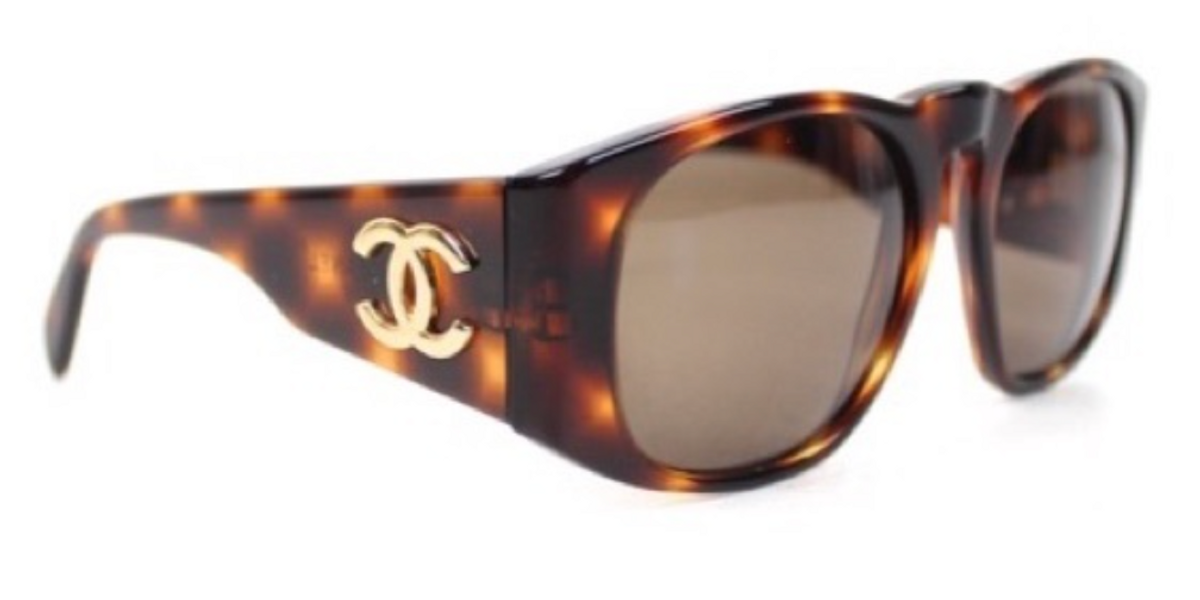 Chanel Vintage 80s Brown Tortoise Shell Quilted Gold Logo CC Sunglasses