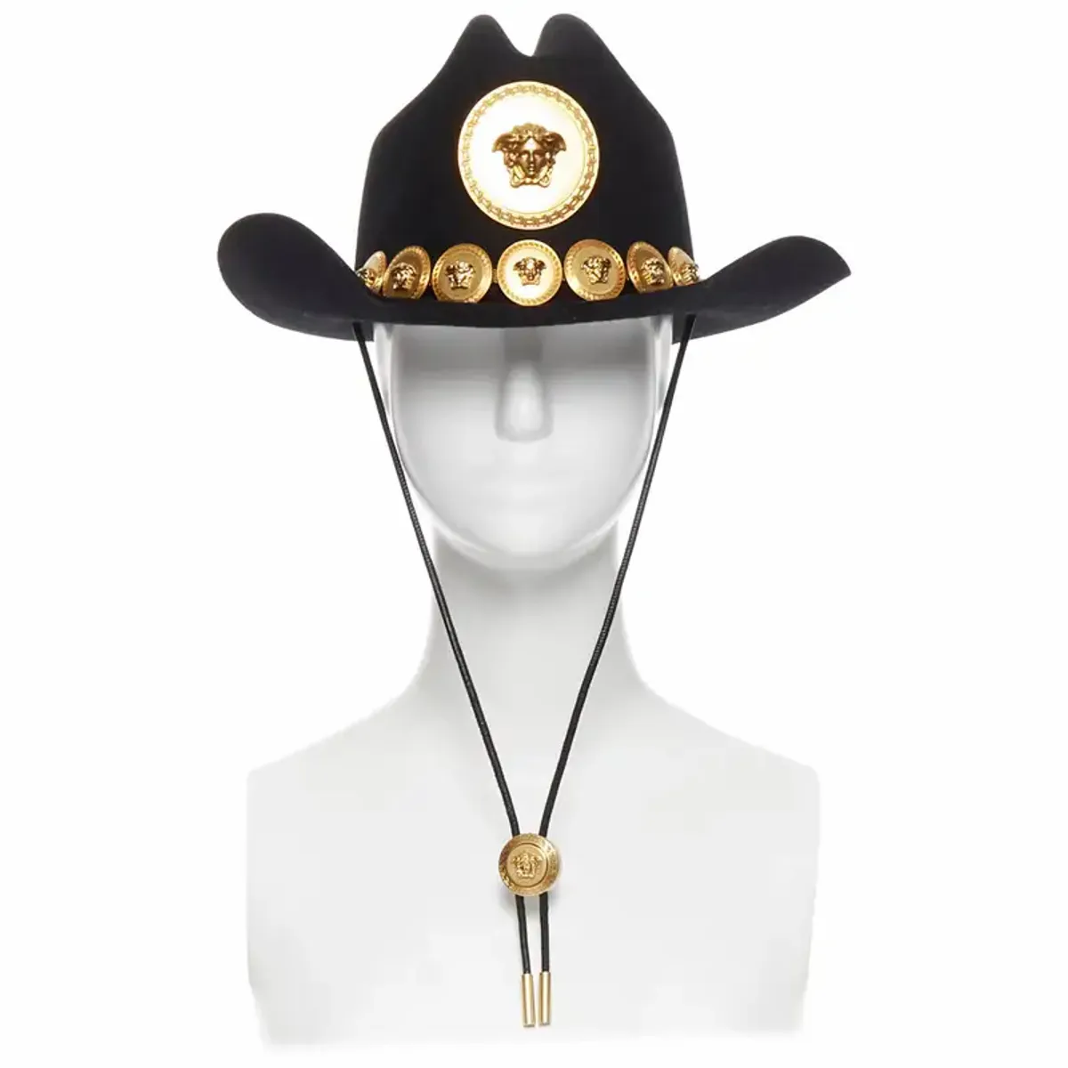 Versace Black Wool Felt Gold Medusa Coin Cowboy Hat
