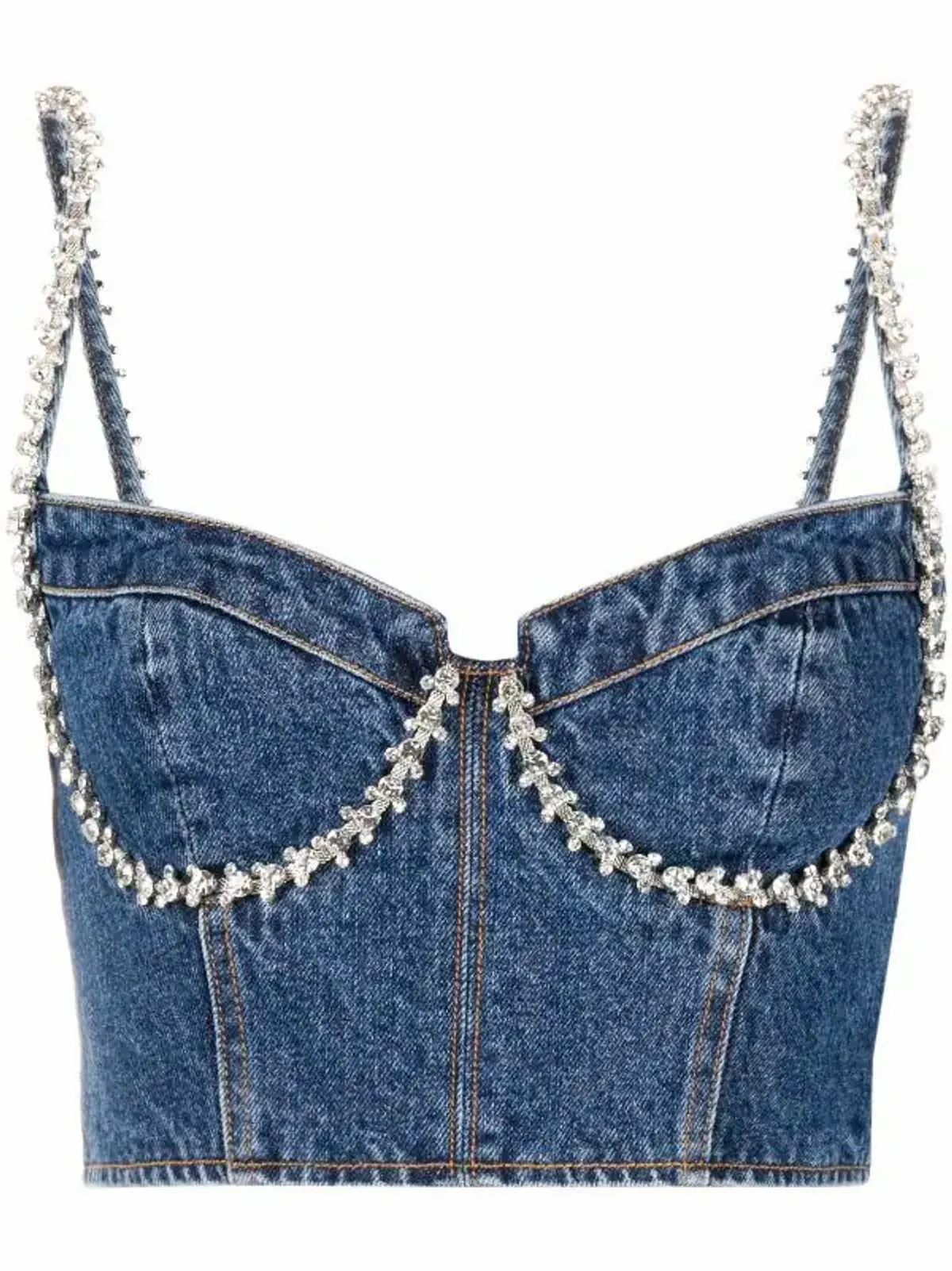 Self-Portrait Blue Crystal-Embellished Denim Cropped Top